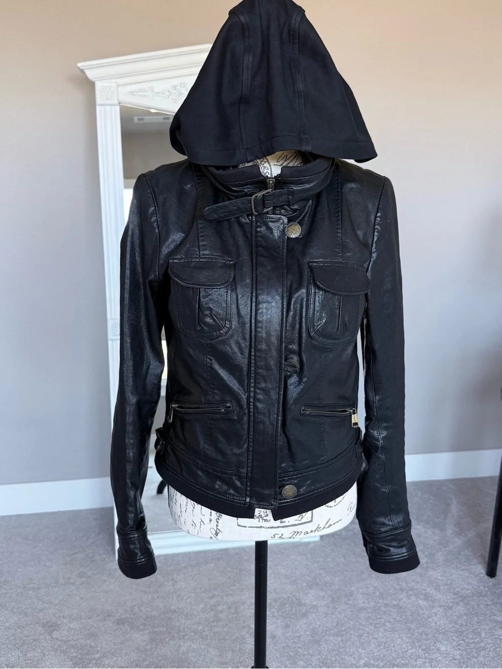 Black Andrew Marc Genuine Leather Moto Utility Jacket - Small w/ Hood - Picture 7 of 12